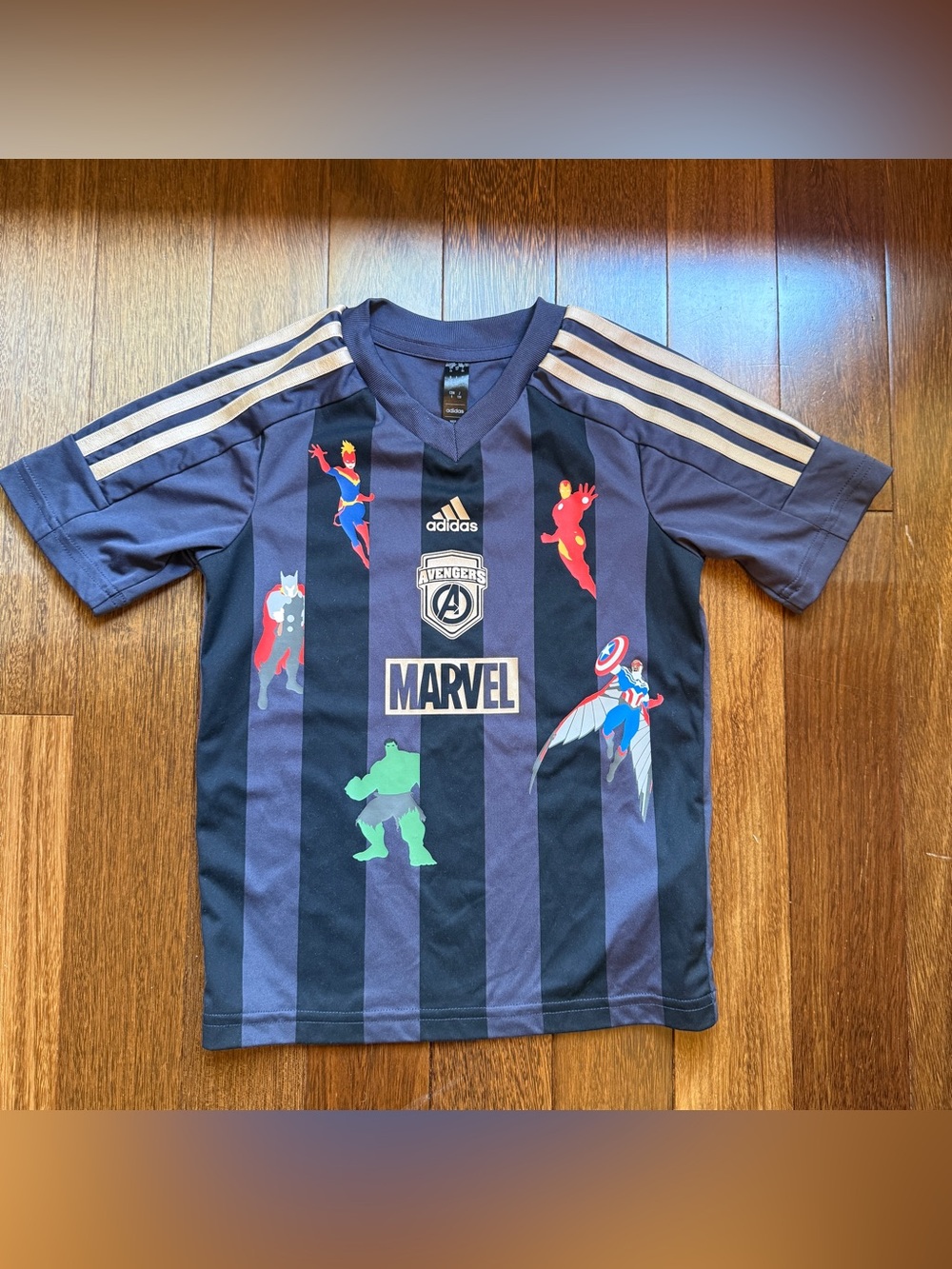 adidas Navy and Black Avengers Stripe Graphic Tee